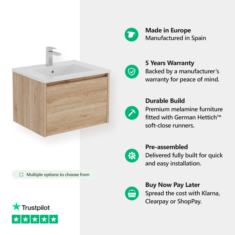 Banyetti Mino Natural Oak 1 Drawer Wall Hung Vanity Unit – Select Size