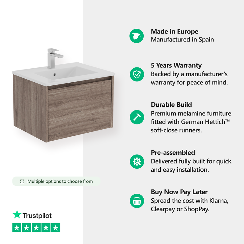 Banyetti Mino Nebraska Oak 1 Drawer Wall Hung Vanity Unit – Select Size