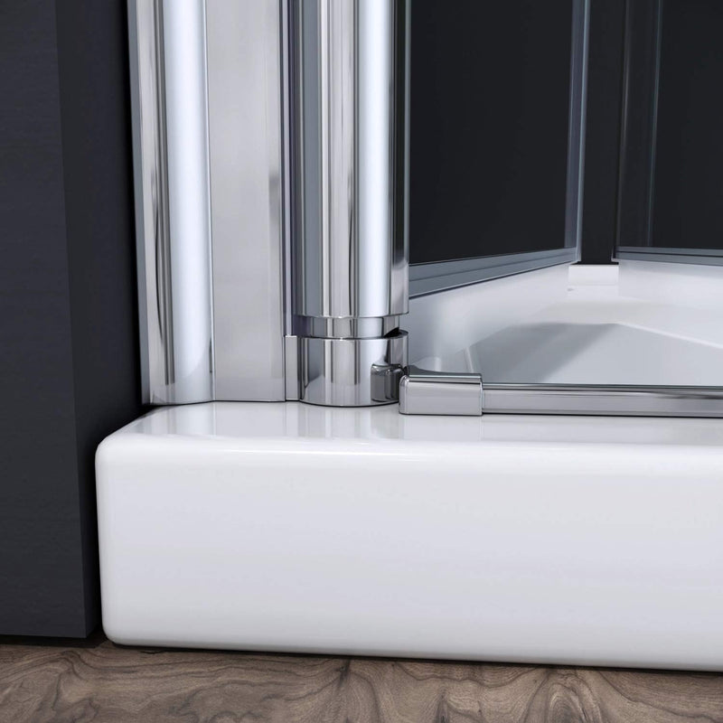 Modern bathroom featuring a chrome frameless bifold shower door