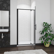 Modern bathroom featuring a black framed pivot shower door with matt black finish