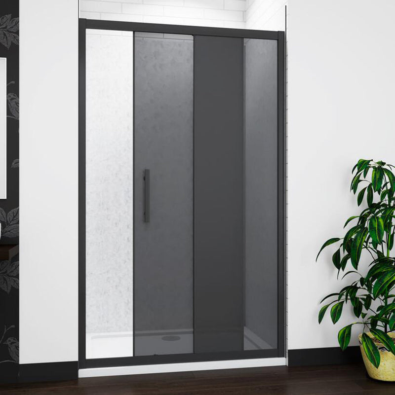 Installed black sliding shower door with smoked glass in contemporary bathroom setting