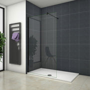 Installed Linea black framed walk-in shower panel in a contemporary wet room bathroom