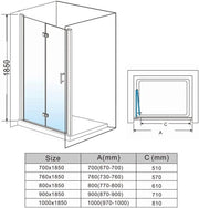 Modern bifold shower door with polished chrome hardware and clear glass