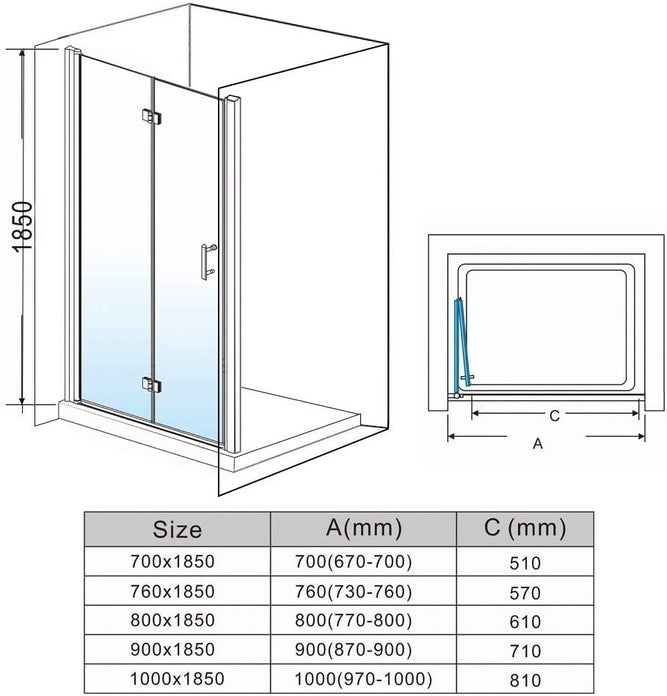 Modern bifold shower door with polished chrome hardware and clear glass