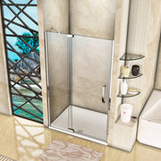 Modern bathroom featuring a frameless chrome pivot shower enclosure with fixed side panel