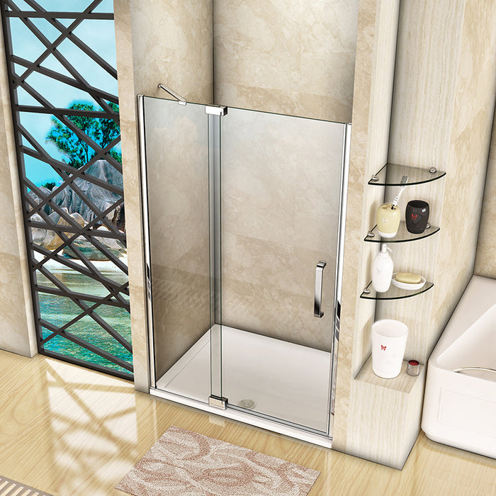 Modern bathroom featuring a frameless chrome pivot shower enclosure with fixed side panel