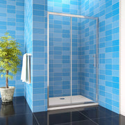 Modern bathroom featuring a chrome framed sliding shower door