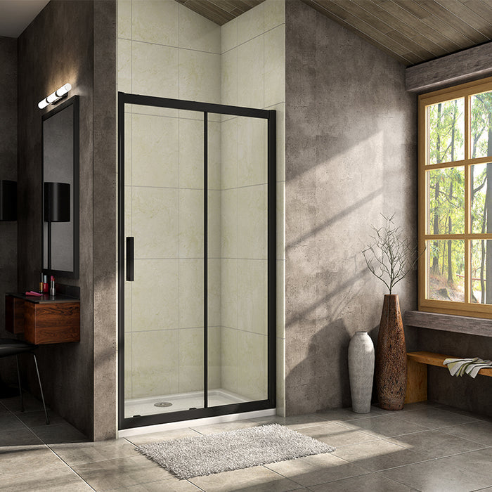 Black framed sliding shower door – front view of matte‑black aluminium frame with 8 mm clear tempered glass panel