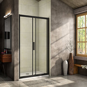 Black framed sliding shower door – close‑up of roller mechanism and sliding door track in black finish