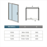 Black framed sliding shower door – detail shot of universal left/right reversible fitting and wall profile adjustment