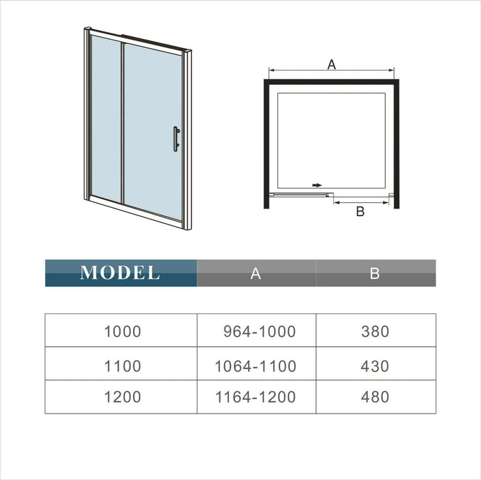 Black framed sliding shower door – detail shot of universal left/right reversible fitting and wall profile adjustment