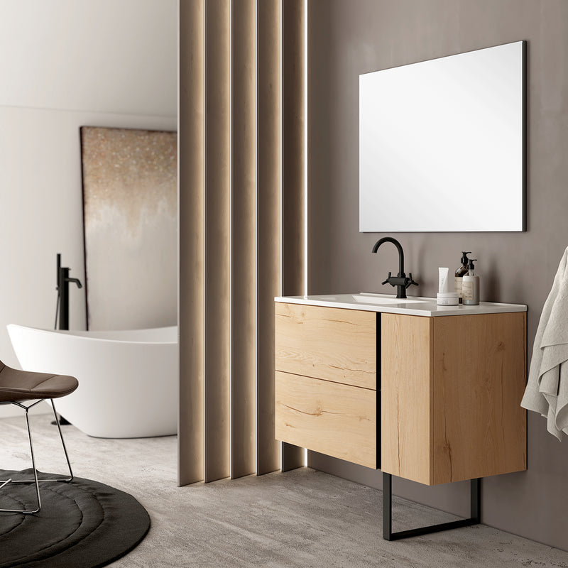 Banyetti Evora Natural Oak Wall Hung Vanity Unit with Matt Black Handles - Select Size