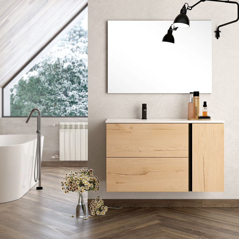 Banyetti Evora Natural Oak Wall Hung Vanity Unit with Matt Black Handles - Select Size