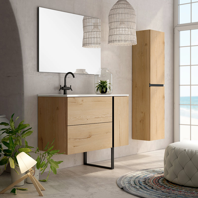 Banyetti Evora Natural Oak Wall Hung Vanity Unit with Matt Black Handles - Select Size