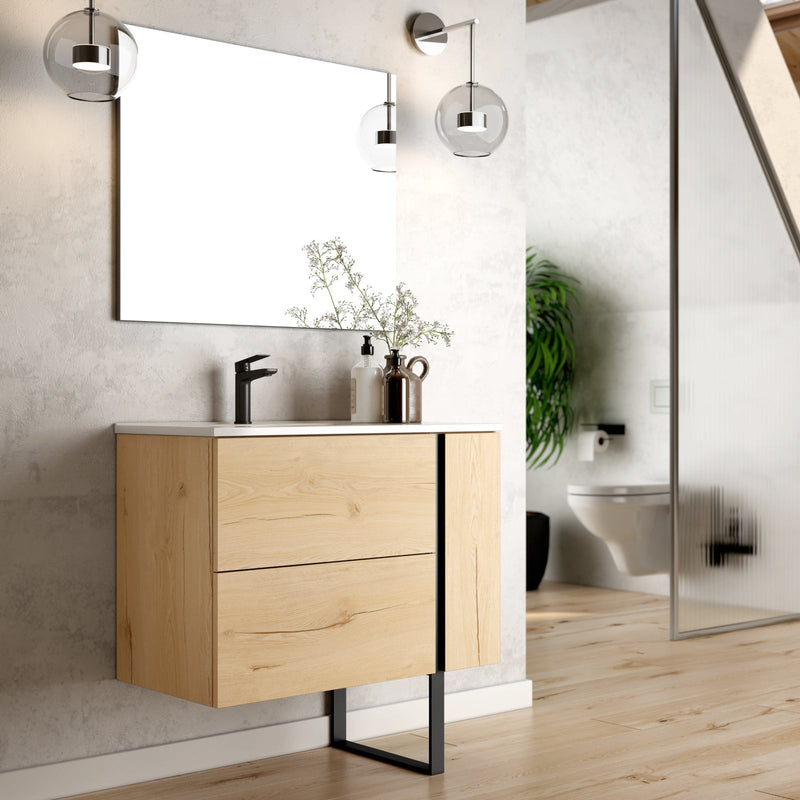 Banyetti Evora Natural Oak Wall Hung Vanity Unit with Matt Black Handles - Select Size