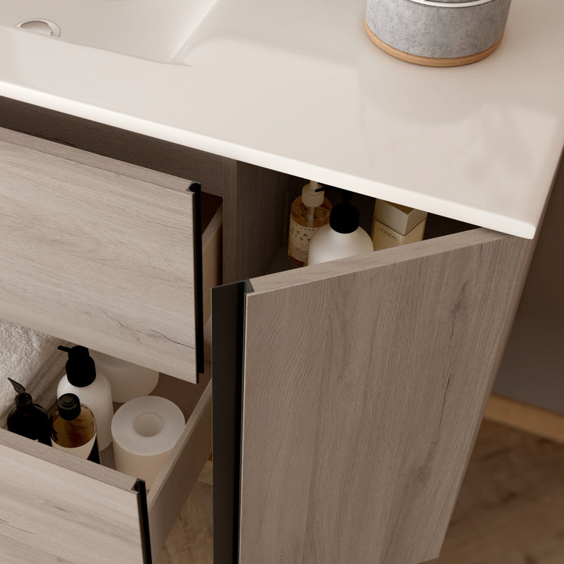 Banyetti Evora Iron Oak Wall Hung Vanity Unit with Matt Black Handles - Select Size