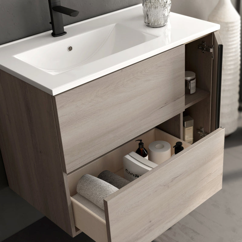 Banyetti Evora Iron Oak Wall Hung Vanity Unit with Matt Black Handles - Select Size