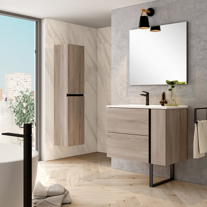 Banyetti Evora Iron Oak Wall Hung Vanity Unit with Matt Black Handles - Select Size