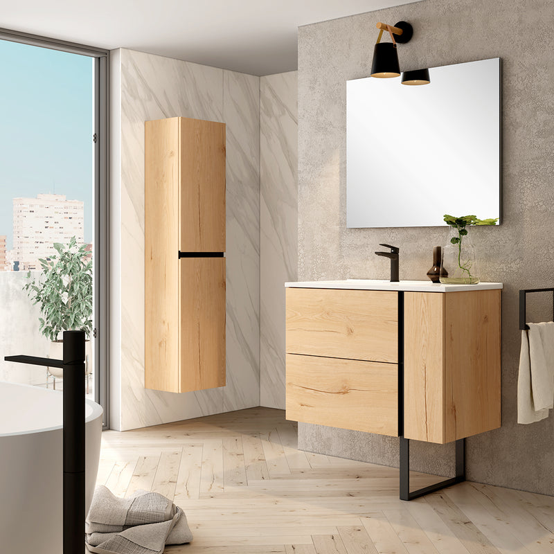 Banyetti Evora Natural Oak Wall Hung Vanity Unit with Matt Black Handles - Select Size