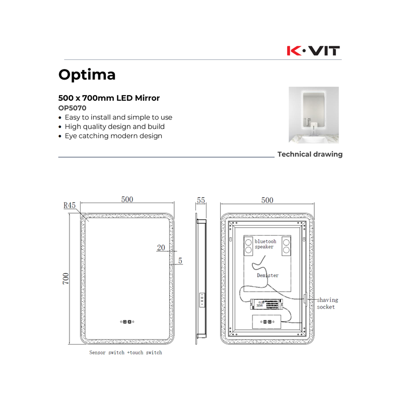 KV Optima 700 x 500 LED Mirror with Bluetooth Infrared, Sensor Switch, Demister & Charging Socket