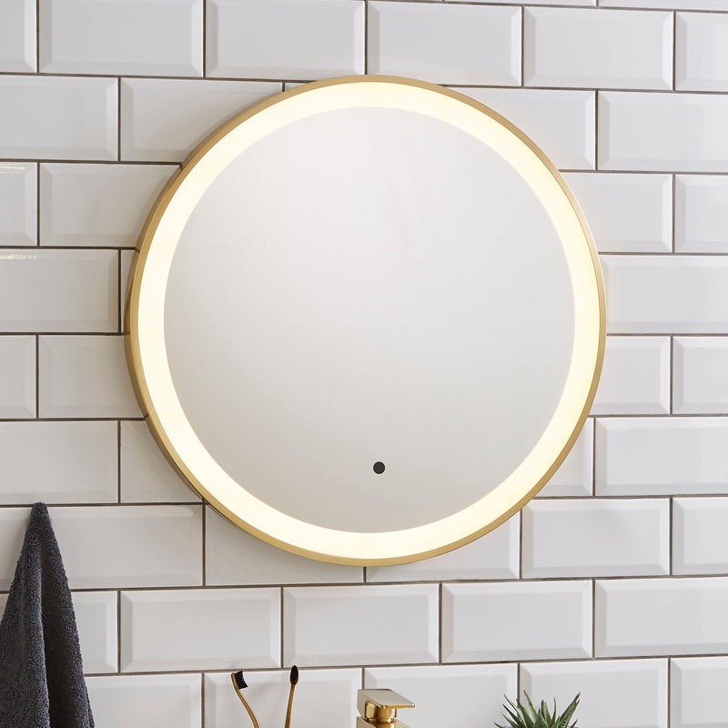 KV Ottone 600mm Brushed Brass Round LED Mirror – 3 Tone Light, Demister, Sensor Switch