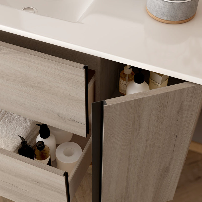 Banyetti Evora Iron Oak Wall Hung Vanity Unit with Matt Black Handles - Select Size