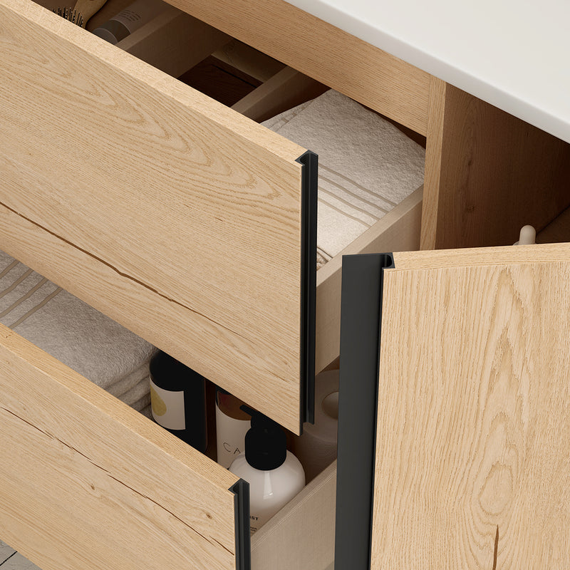 Banyetti Evora Natural Oak Wall Hung Vanity Unit with Matt Black Handles - Select Size