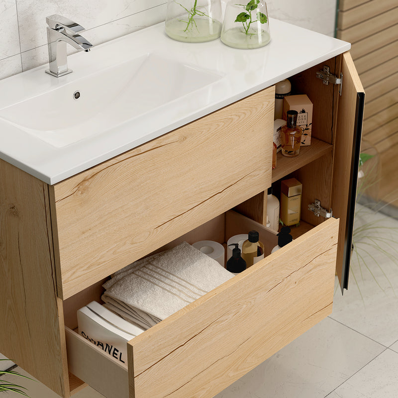 Banyetti Evora Natural Oak Wall Hung Vanity Unit with Matt Black Handles - Select Size