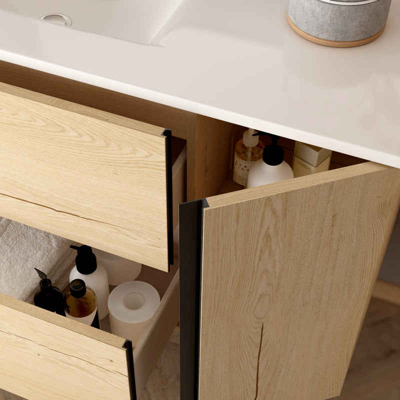 Banyetti Evora Natural Oak Wall Hung Vanity Unit with Matt Black Handles - Select Size