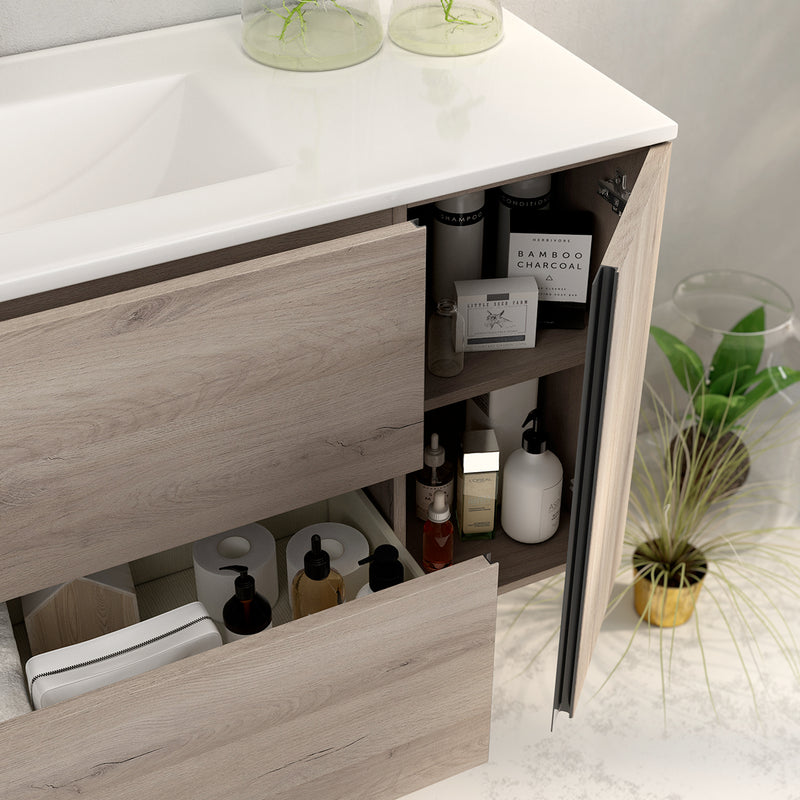 Banyetti Evora Iron Oak Wall Hung Vanity Unit with Matt Black Handles - Select Size