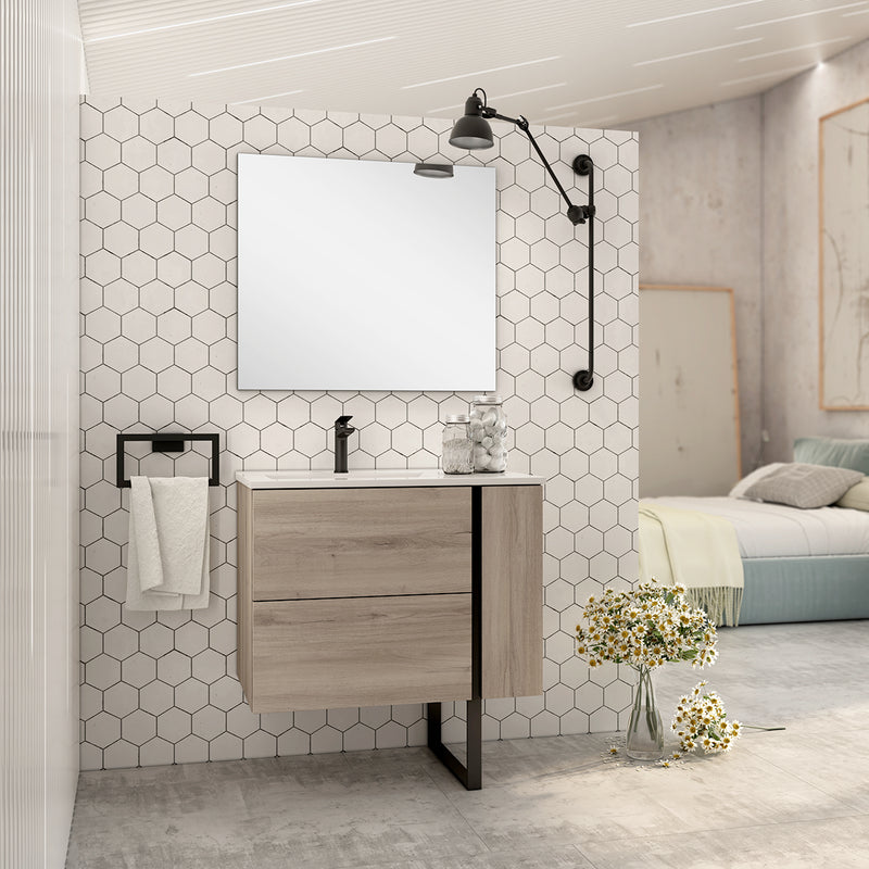 Banyetti Evora Iron Oak Wall Hung Vanity Unit with Matt Black Handles - Select Size