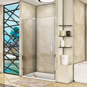 Frameless chrome pivot shower enclosure – front view of Linea 8mm clear glass enclosure with polished chrome pivot door