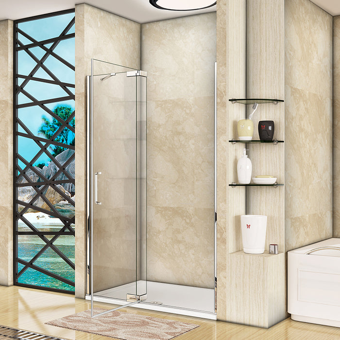 Frameless chrome pivot shower enclosure – detail of 8 mm safety tempered glass and chrome wall profile of Linea enclosure