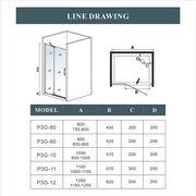 Frameless chrome pivot shower enclosure – specification graphic showing available widths (800‑1200 mm) and height 1950 mm with easy‑clean glass coating