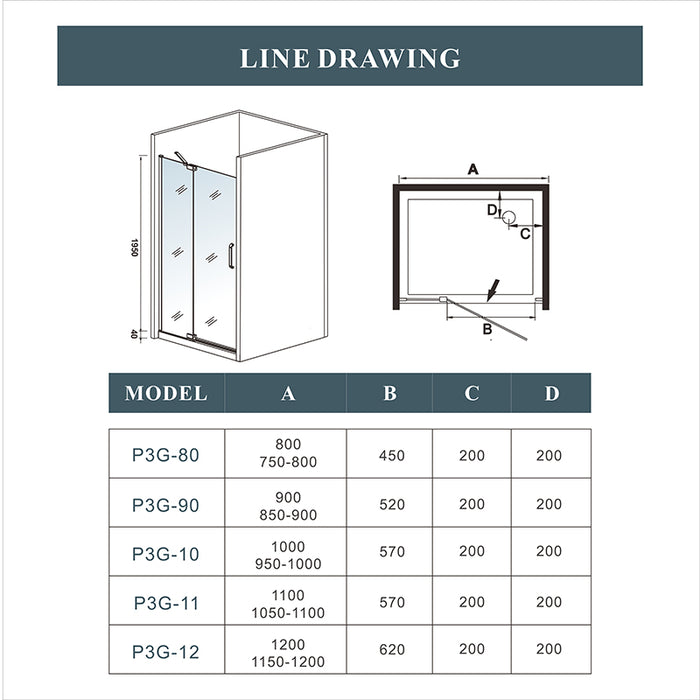 Frameless chrome pivot shower enclosure – specification graphic showing available widths (800‑1200 mm) and height 1950 mm with easy‑clean glass coating