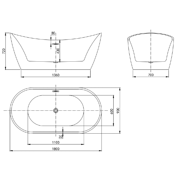 Banyetti Pure Freestanding Acrylic Bath - White (Select Size)
