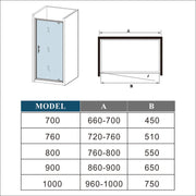 Pivot hinge detail on chrome framed shower door