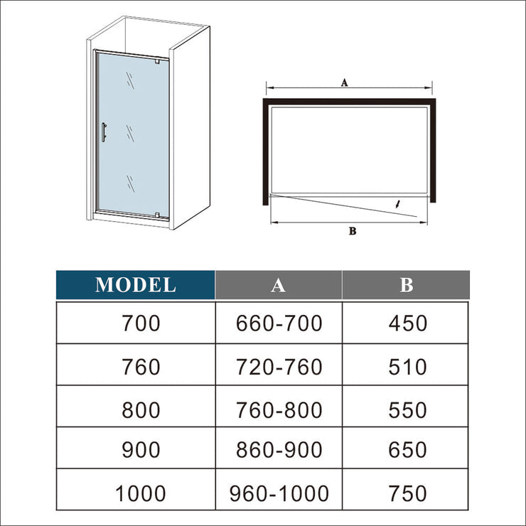 Pivot hinge detail on chrome framed shower door