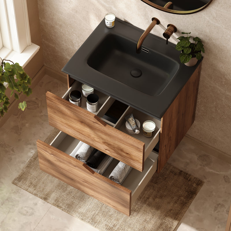 Banyetti Riva Wall Hung Vanity Unit with Black Athena No Tap Hole Basin - 600mm Java Oak