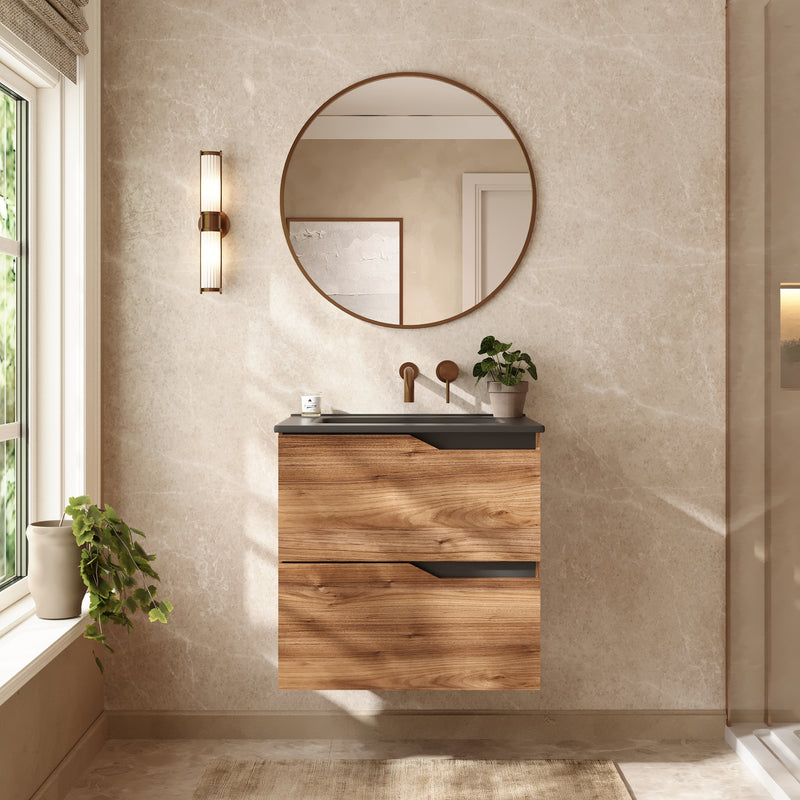 Banyetti Riva Wall Hung Vanity Unit with Black Athena No Tap Hole Basin - 600mm Java Oak