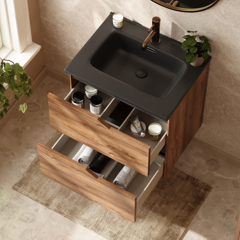 Banyetti Riva Wall Hung Vanity Unit with Black Athena Basin - 600mm Java Oak