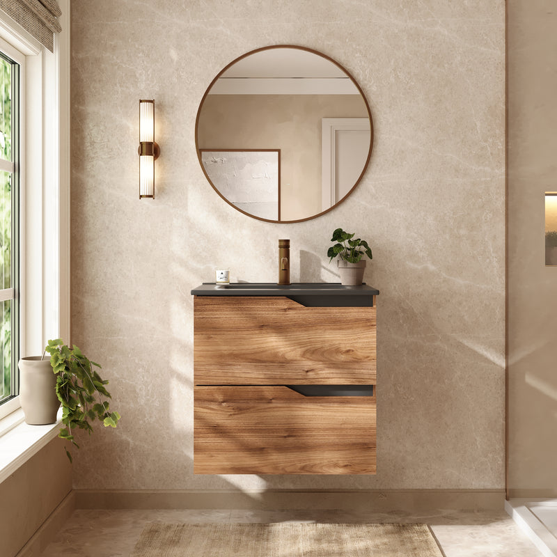 Banyetti Riva Wall Hung Vanity Unit with Black Athena Basin - 600mm Java Oak