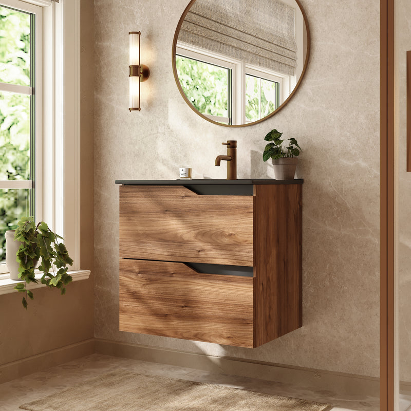 Banyetti Riva Wall Hung Vanity Unit with Black Athena Basin - 600mm Java Oak