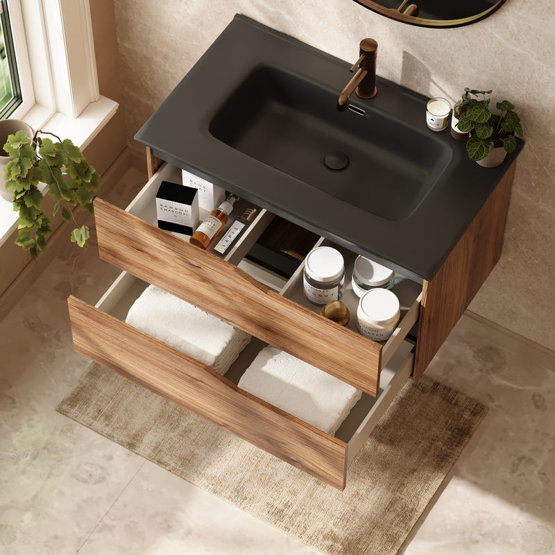 Banyetti Riva Wall Hung Vanity Unit with Black Athena Basin - 800mm Java Oak