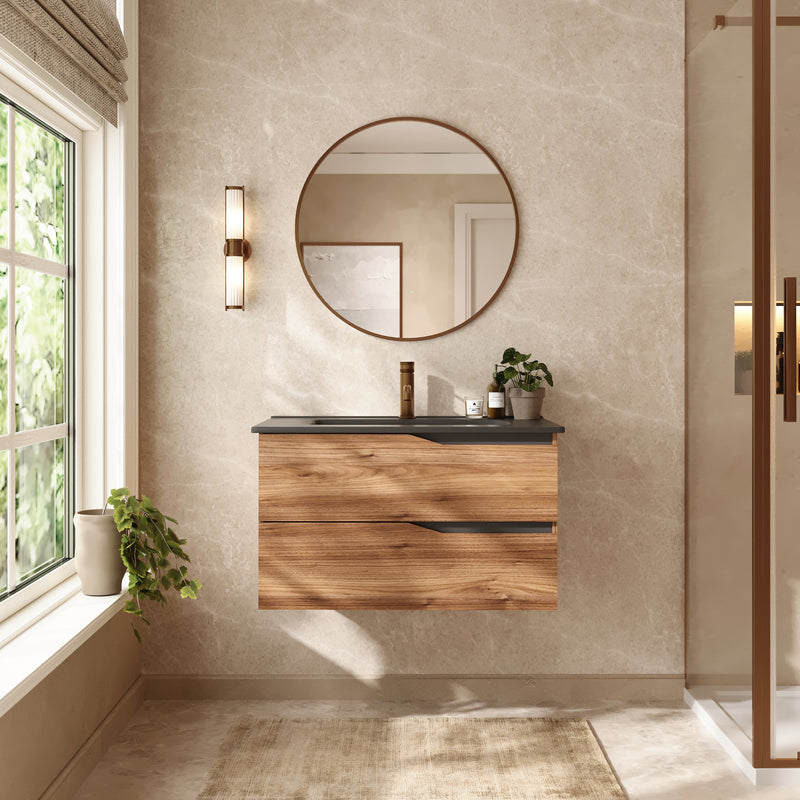 Banyetti Riva Wall Hung Vanity Unit with Black Athena Basin - 800mm Java Oak