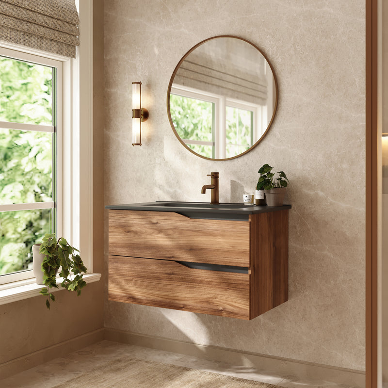 Banyetti Riva Wall Hung Vanity Unit with Black Athena Basin - 800mm Java Oak