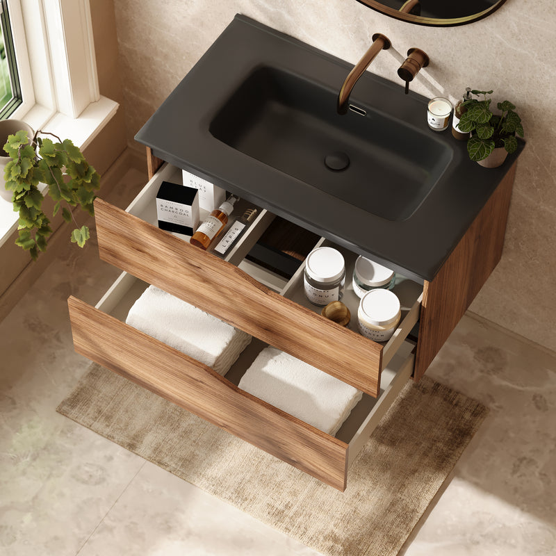 Banyetti Riva Wall Hung Vanity Unit with Black Athena No Tap Hole Basin - 800mm Java Oak