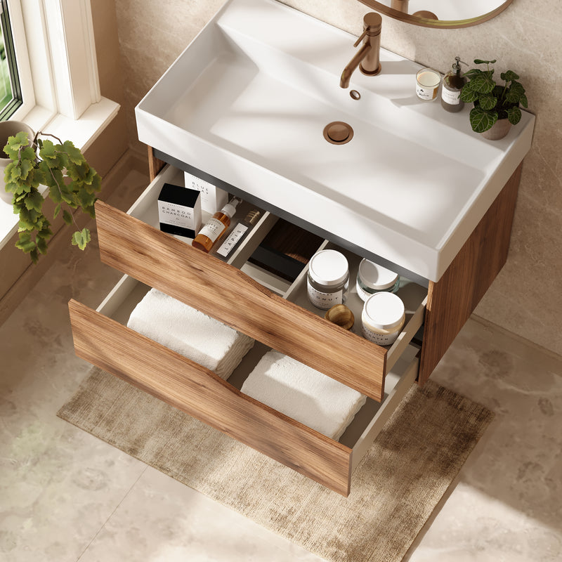Banyetti Riva Wall Hung Vanity Unit with Veneto No Tap Hole Basin - 800mm Java Oak