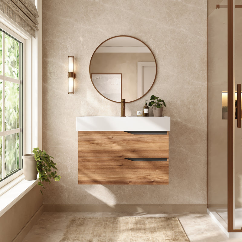 Banyetti Riva Wall Hung Vanity Unit with Veneto 1 Tap Hole Basin - 800mm Java Oak