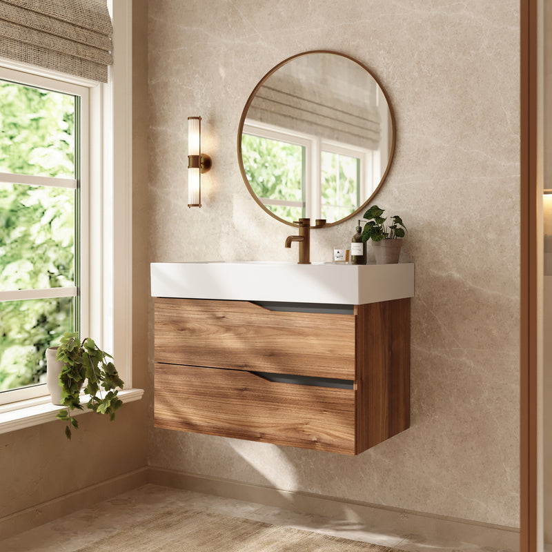 Banyetti Riva Wall Hung Vanity Unit with Veneto No Tap Hole Basin - 800mm Java Oak
